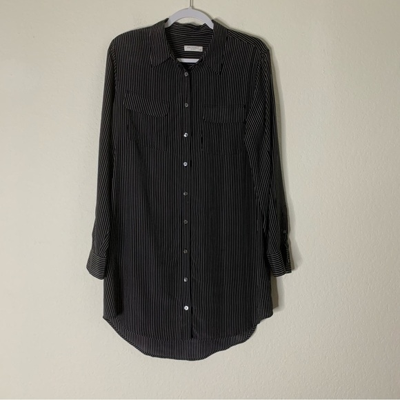 Equipment Womens black white pin stripe 100% silk long sleeve button down tunic - Picture 1 of 8